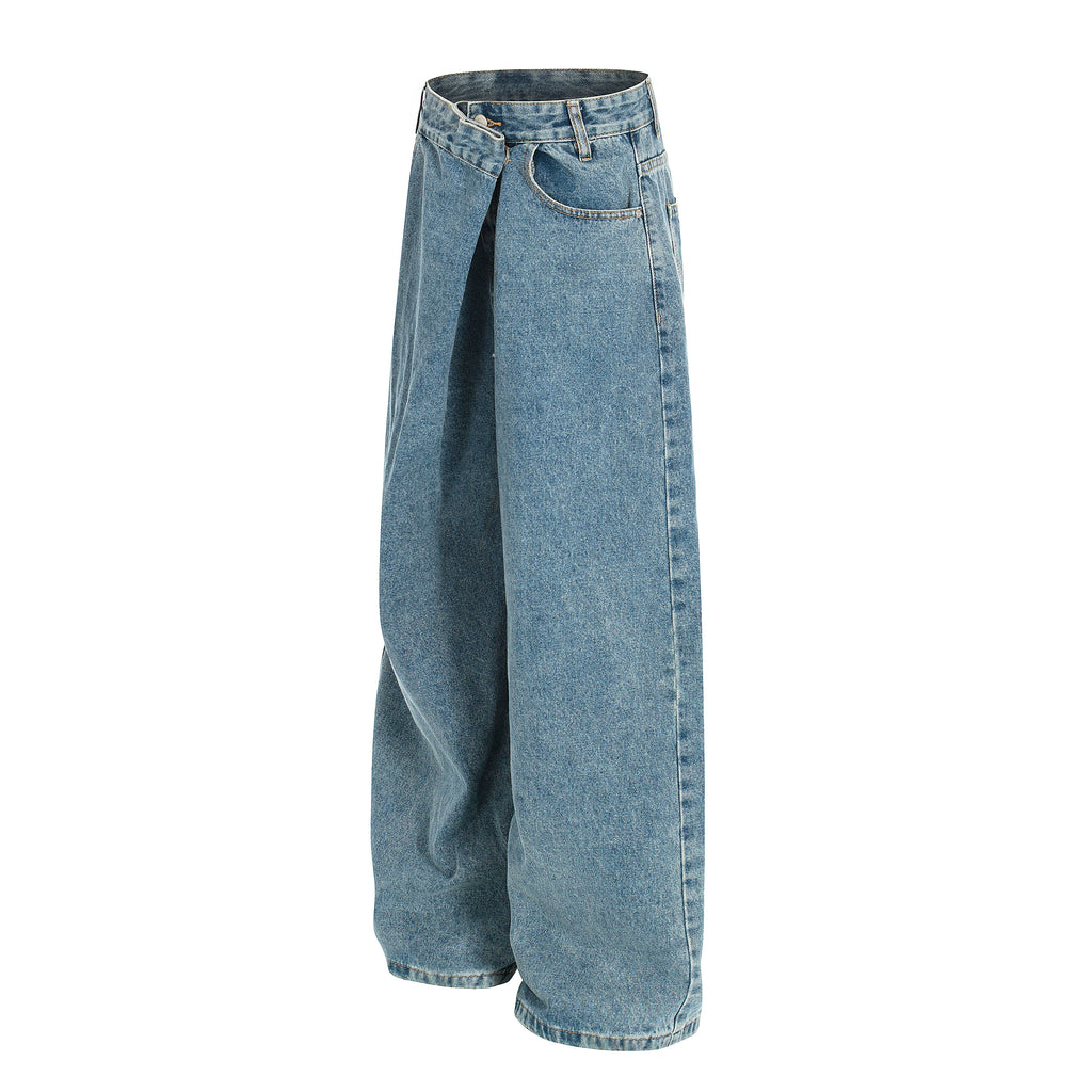 DONOTLOGO Urban Heritage Collection | Unisex Oversized Deconstructed Denim | Retro Aesthetic High-Rise Wide-Leg Bottoms with Authentic Diagonal Button & Folded Waist Detail