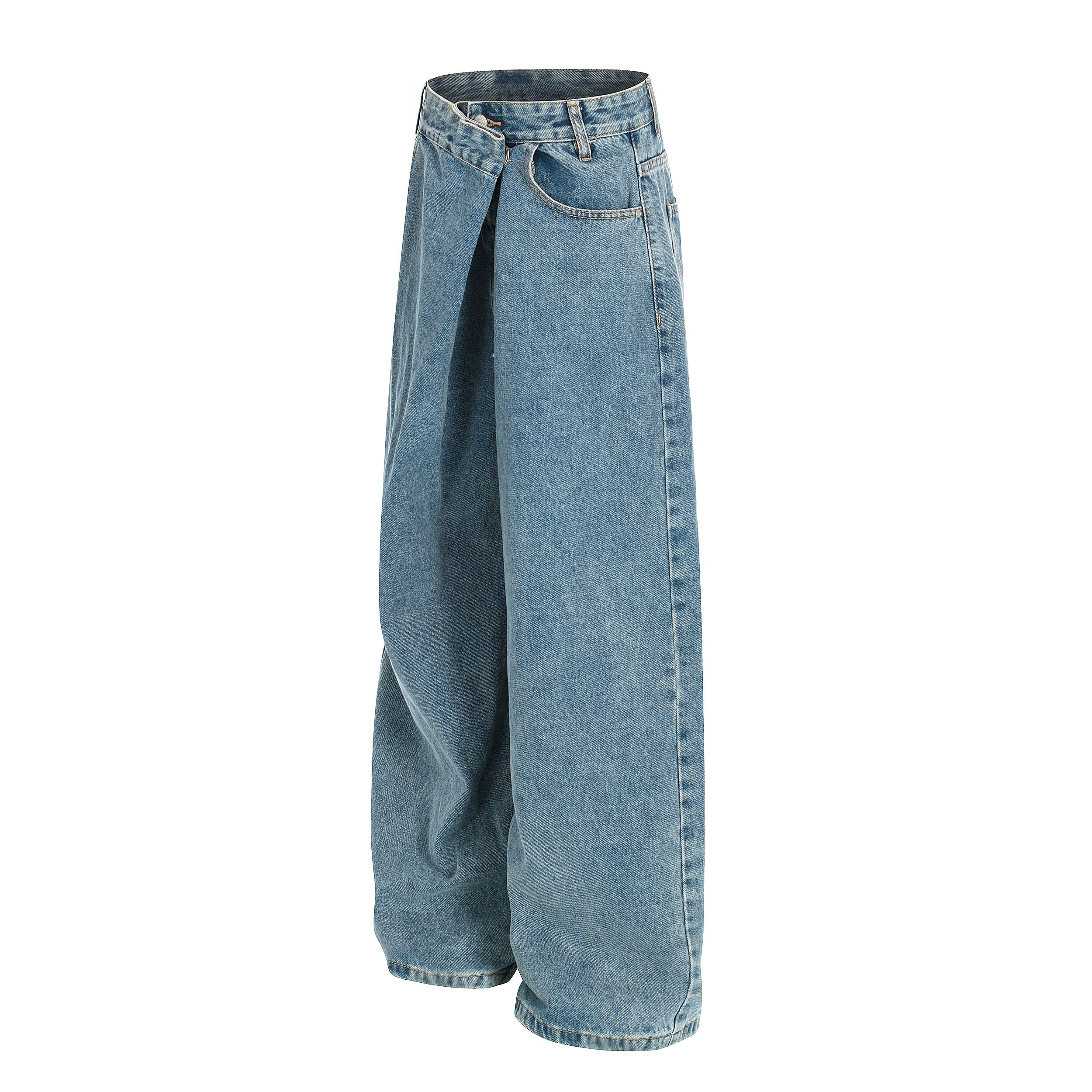 DONOTLOGO Urban Heritage Collection | Unisex Oversized Deconstructed Denim | Retro Aesthetic High-Rise Wide-Leg Bottoms with Authentic Diagonal Button & Folded Waist Detail