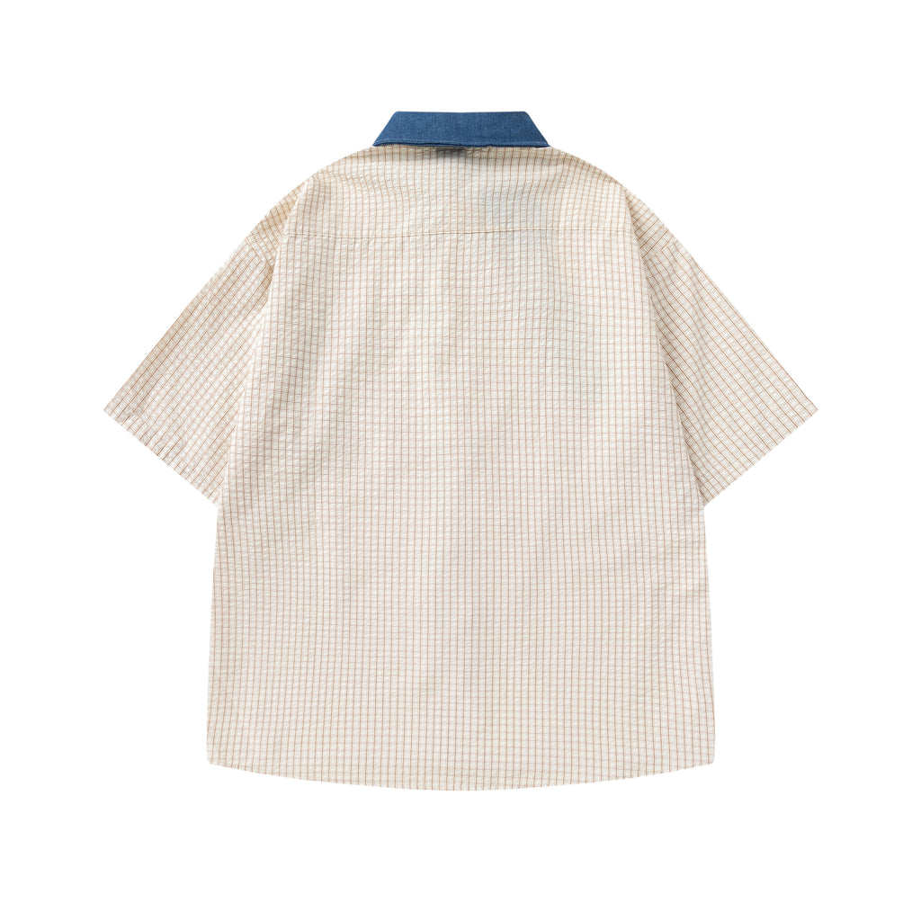 DONOTLOGO Unisex Plaid Shirt with Denim Collar | Colorblock Design, Loose Fit | Japanese Preppy Summer Essential