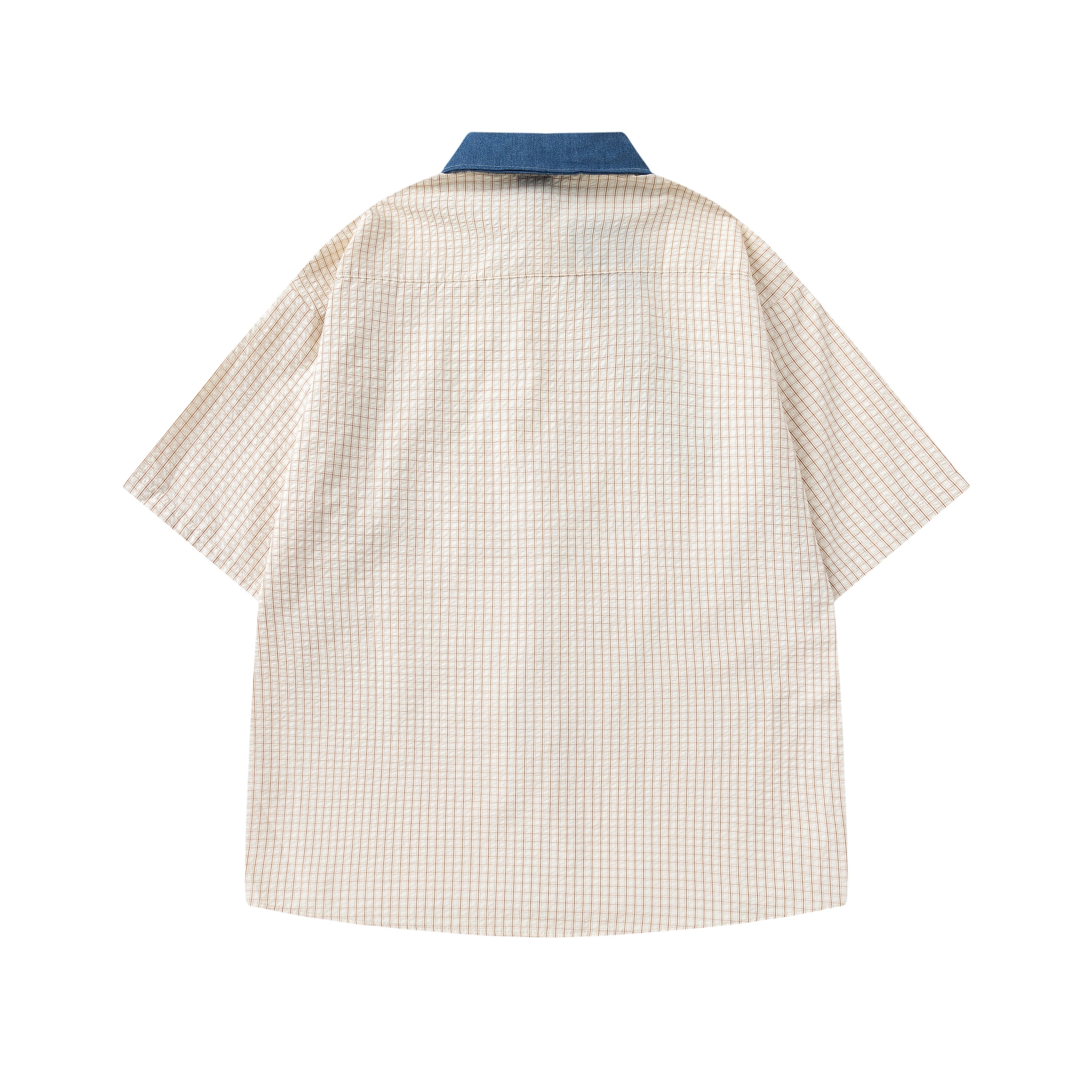 DONOTLOGO Unisex Plaid Shirt with Denim Collar | Colorblock Design, Loose Fit | Japanese Preppy Summer Essential