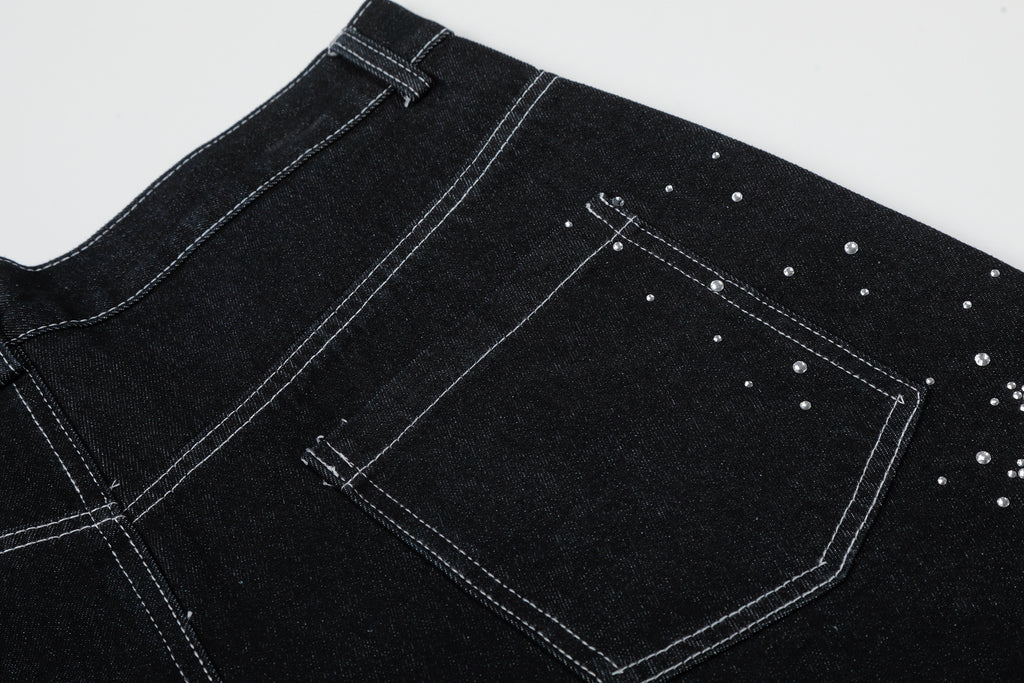 Unisex Street Style Rhinestone Distressed Washed Denim Jeans