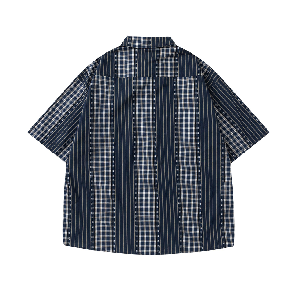 DONOTLOGO Unisex Japanese Retro Patchwork Shirt | Dark Blue Stripes & Plaid | Loose Fit Summer Must-Have