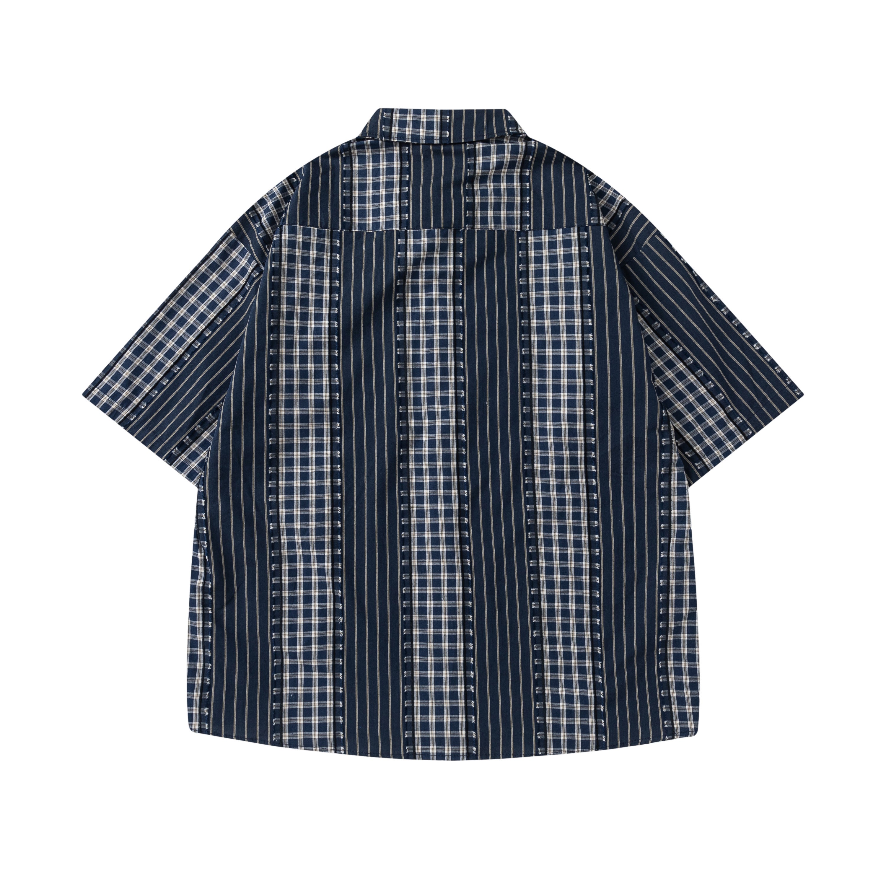 DONOTLOGO Unisex Japanese Retro Patchwork Shirt | Dark Blue Stripes & Plaid | Loose Fit Summer Must-Have