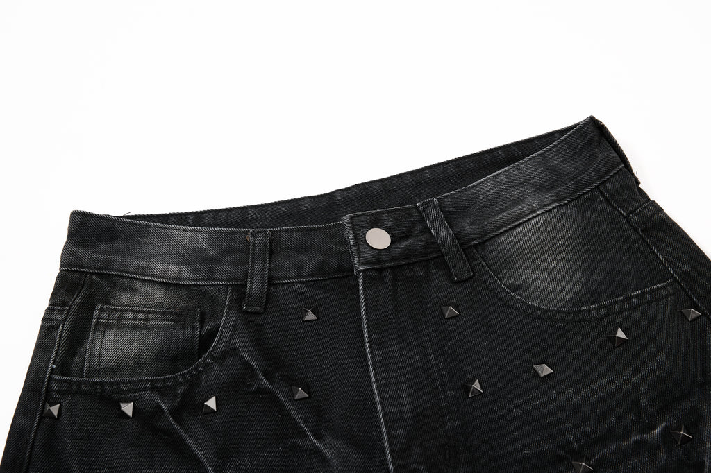 DONOTLOGO Heavy Studded Wide-Leg Denim | Unisex Y2K Punk Rock Rivet Jeans | Vintage Black High Street Oversized Trousers
