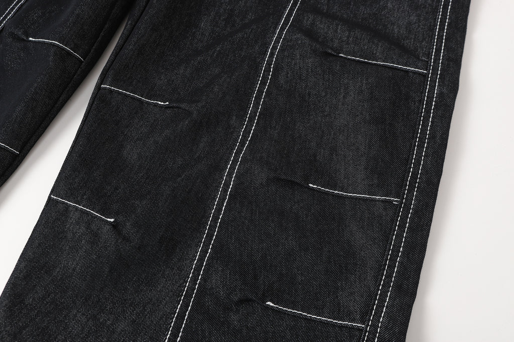 DONOTLOGO Deconstructed Black Baggy Denim Pants | Unisex Y2K Wide Leg Trousers with Bold White Stitching | High Street Relaxed Fit Bottoms