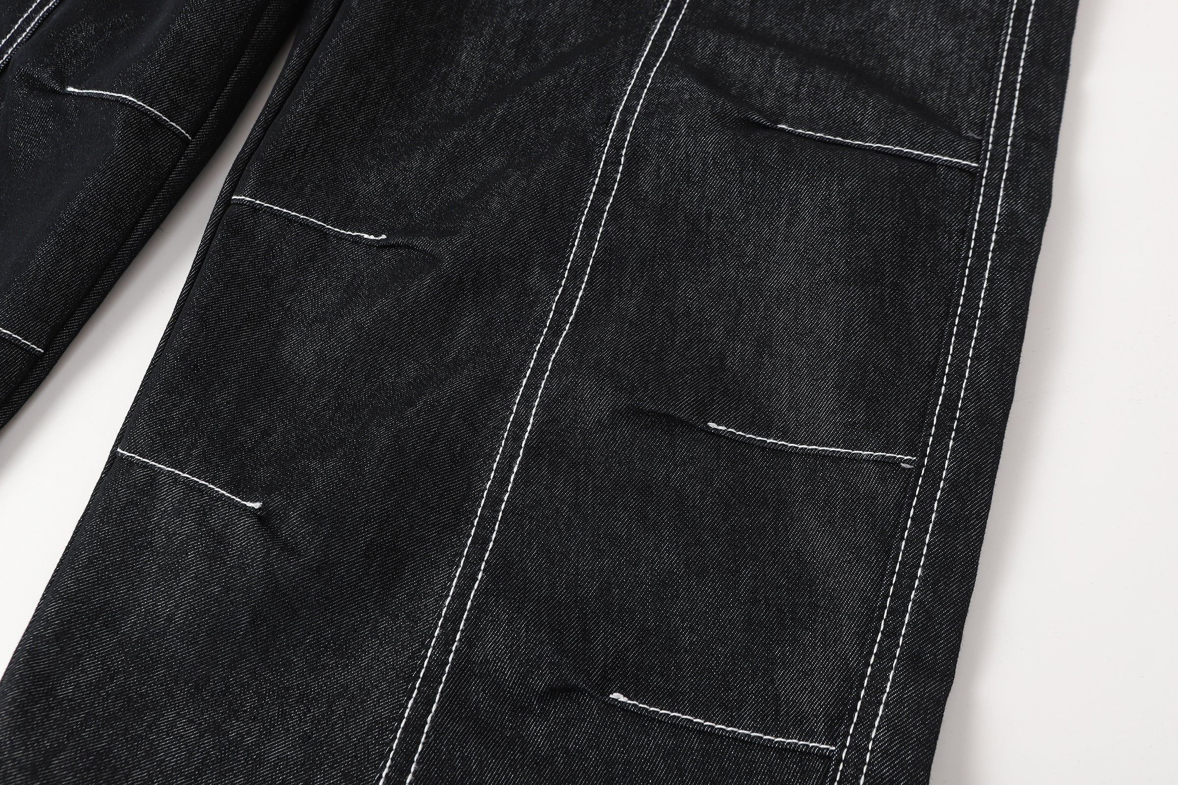 DONOTLOGO Deconstructed Black Baggy Denim Pants | Unisex Y2K Wide Leg Trousers with Bold White Stitching | High Street Relaxed Fit Bottoms