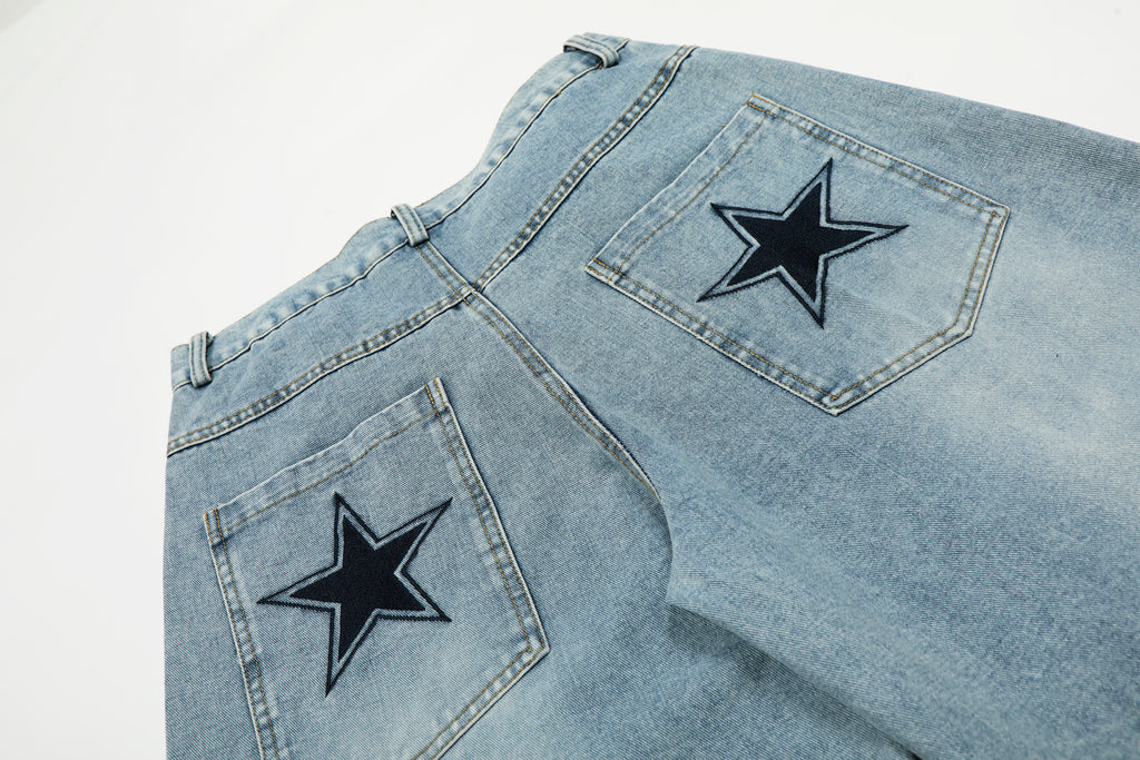 DONOTLOGO Urban Streetwear Collection | Unisex Relaxed Silhouette Jeans | Bold Number & Star Motif & Soft Denim Fabric