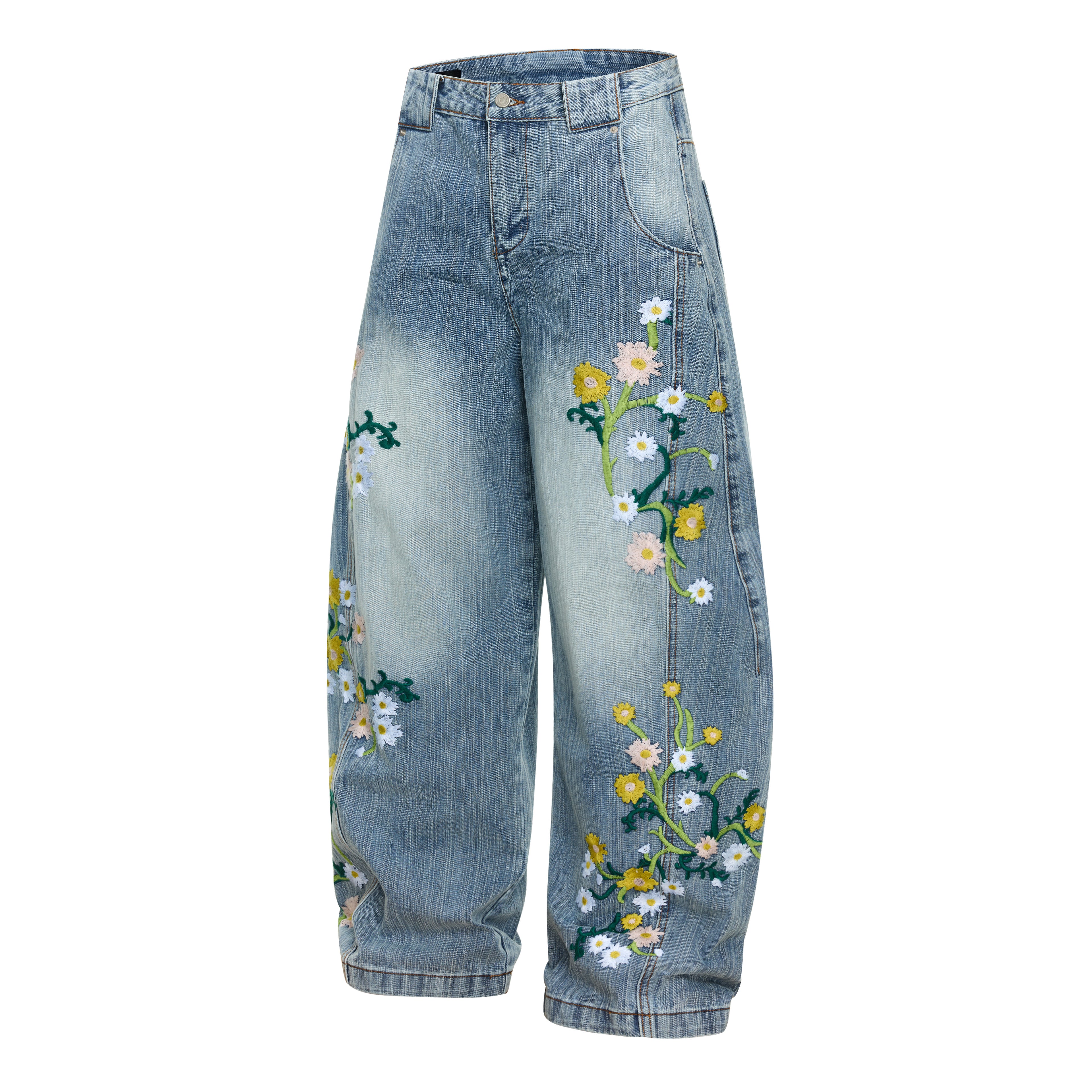 Unisex Floral Embroidered Denim Jeans