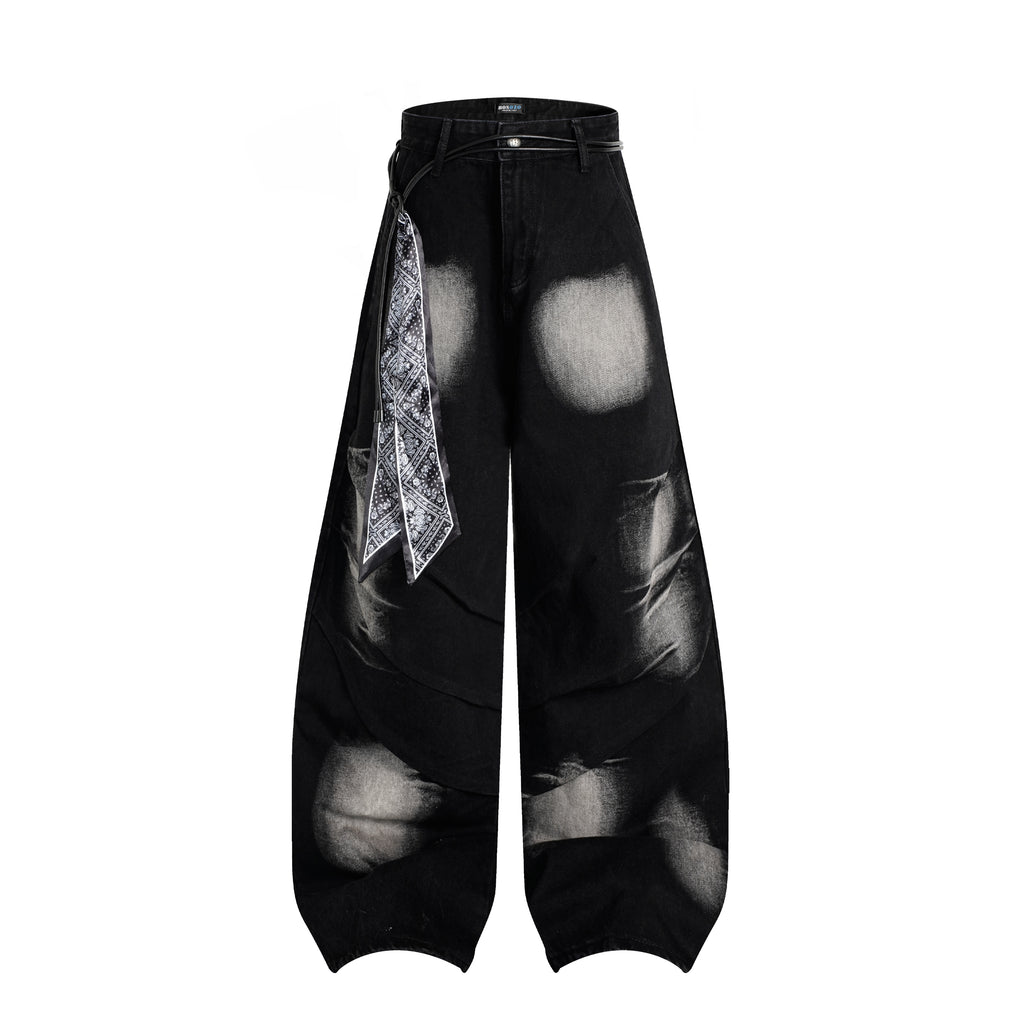DONOTLOGO "Arc Seam" Distressed Denim - American High Street Baggy Jeans with Contrast Wash & Bandana Belt - Oversized Wide Leg Trousers