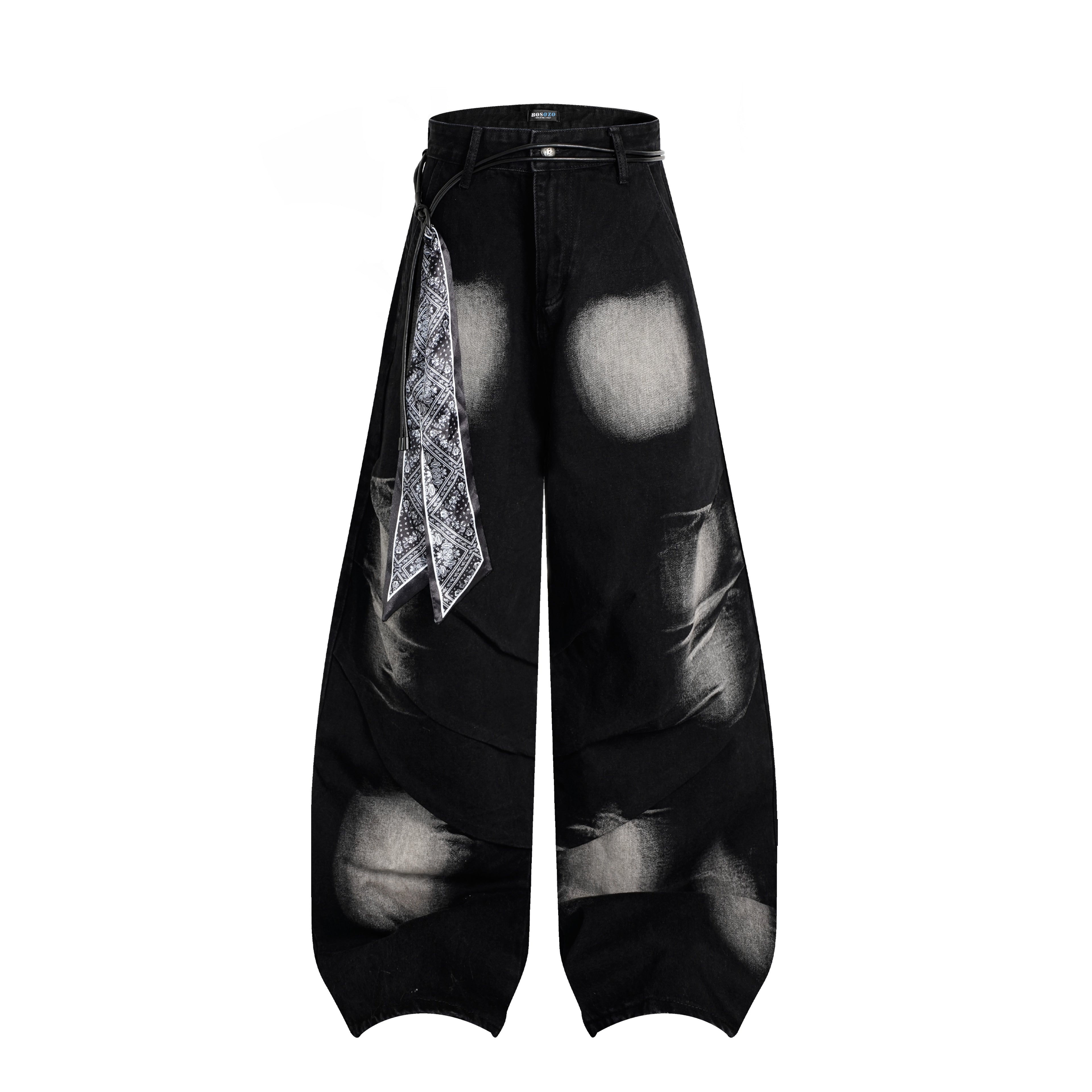 DONOTLOGO "Arc Seam" Distressed Denim - American High Street Baggy Jeans with Contrast Wash & Bandana Belt - Oversized Wide Leg Trousers