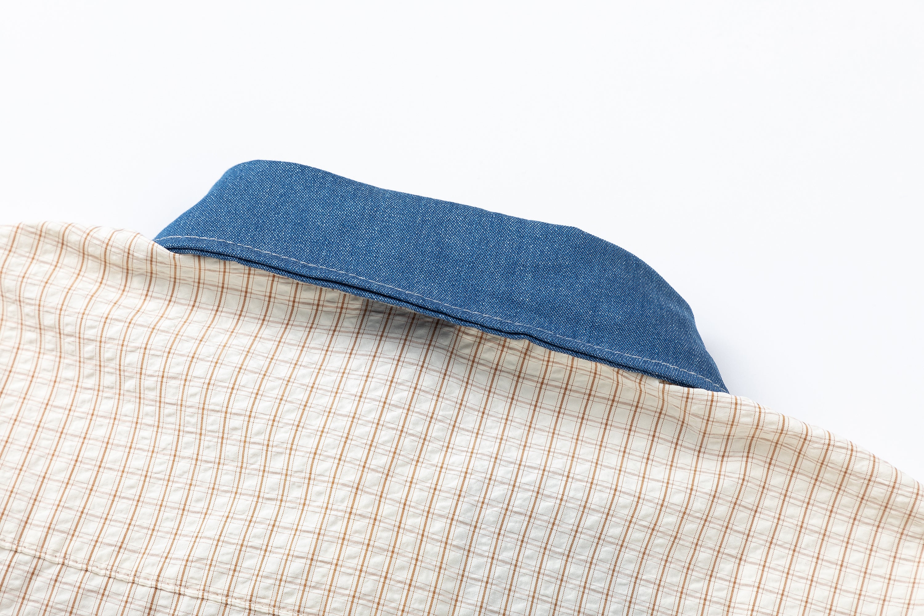 DONOTLOGO Unisex Plaid Shirt with Denim Collar | Colorblock Design, Loose Fit | Japanese Preppy Summer Essential