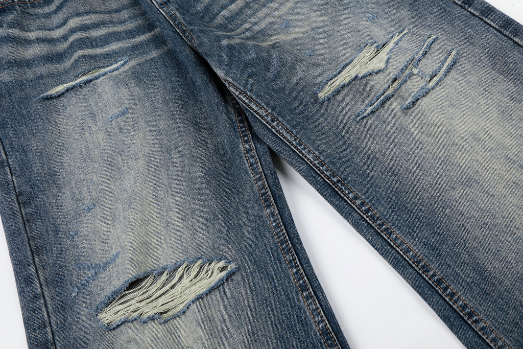 DONOTLOGO Urban Heritage Collection | Unisex Oversized Cat Whisker Ripped Denim | Retro Aesthetic High-Rise Wide-Leg Bottoms with Authentic Fade Detail