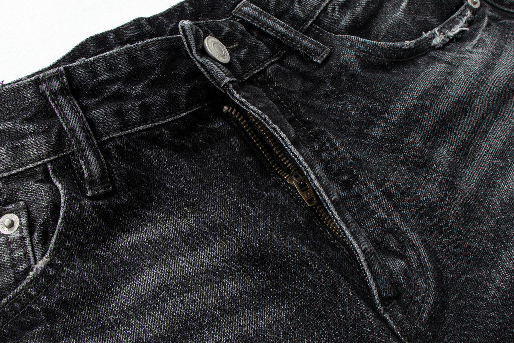 Lightning Pattern Vintage Washed Distressed Straight-Leg Denim Jeans