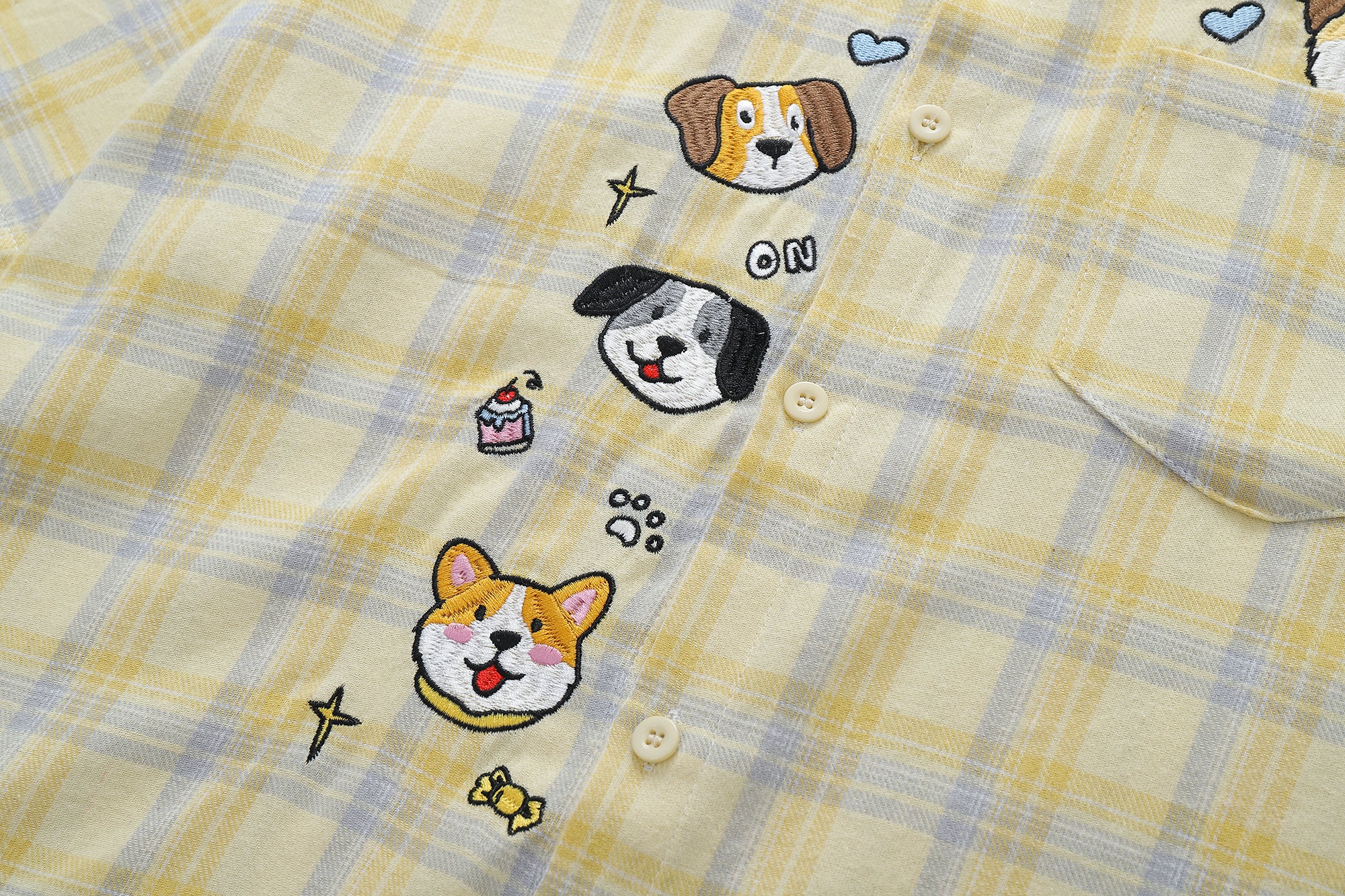 DONOTLOGO Kawaii Pet Lover Collection | Unisex Oversized Plaid Camp Collar Shirt | Vintage Aesthetic Short Sleeve Top with Playful Puppy Embroidery Detail