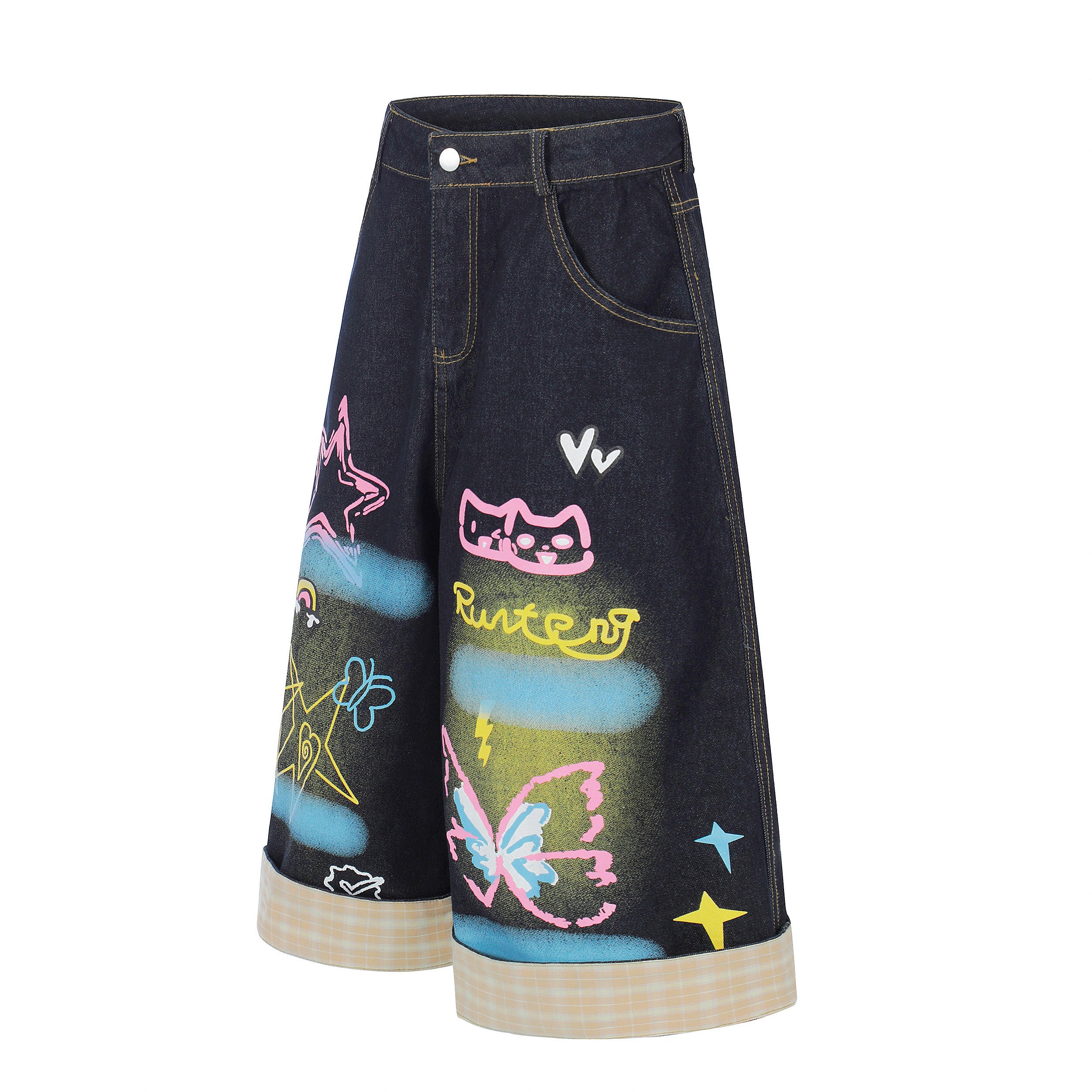 DONOTLOGO Urban Art Revival Collection | Unisex Relaxed Fit Denim Cropped Pants | Playful Multi-Color Graffiti & Plaid Cuff Detail with Vintage Wash Finish