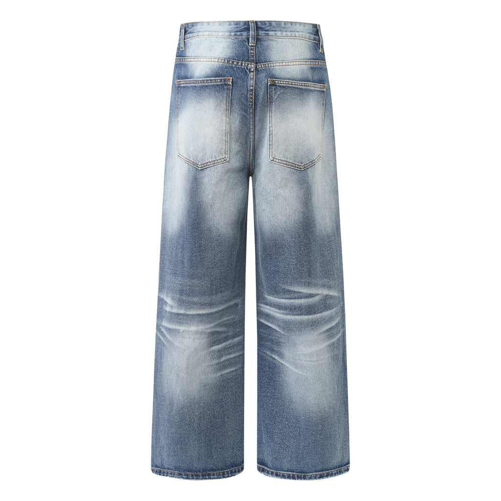 DONOTLOGO Retro Blue Baggy Denim Pants | Unisex Y2K Wide Leg Trousers with Natural Whiskering & Fade | High Street Relaxed Fit Bottoms
