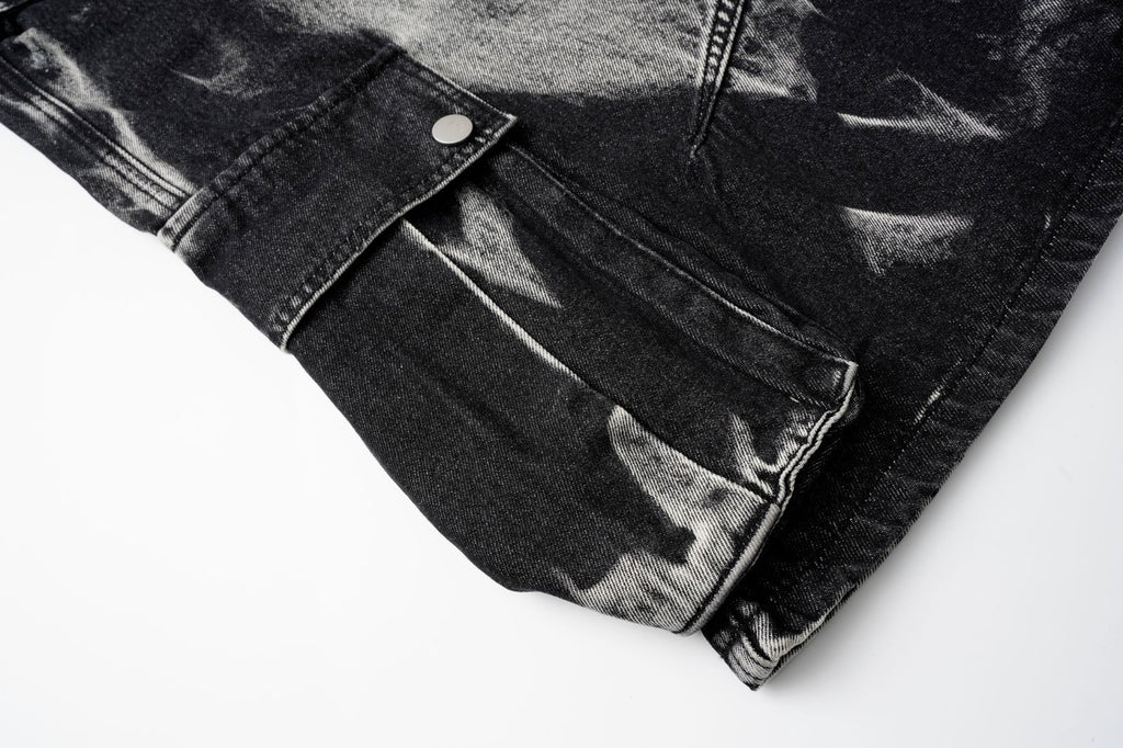 DONOTLOGO Acid Wash Patchwork Cargo Shorts - Oversized Distressed Denim Jorts - American High Street Aesthetic Baggy Shorts for Men