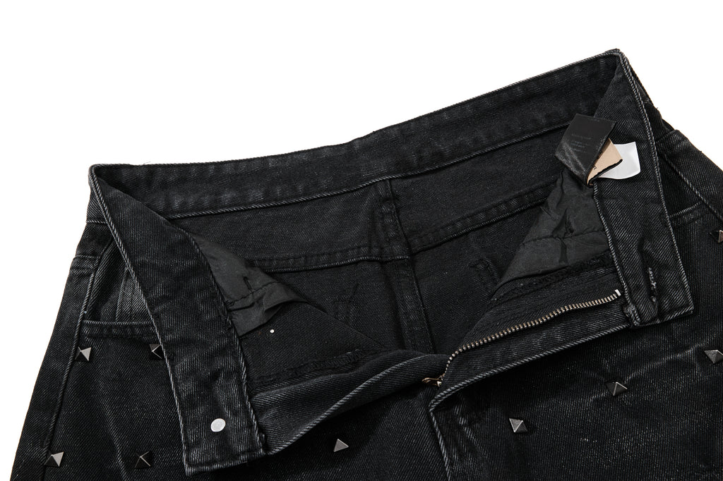 DONOTLOGO Heavy Studded Wide-Leg Denim | Unisex Y2K Punk Rock Rivet Jeans | Vintage Black High Street Oversized Trousers