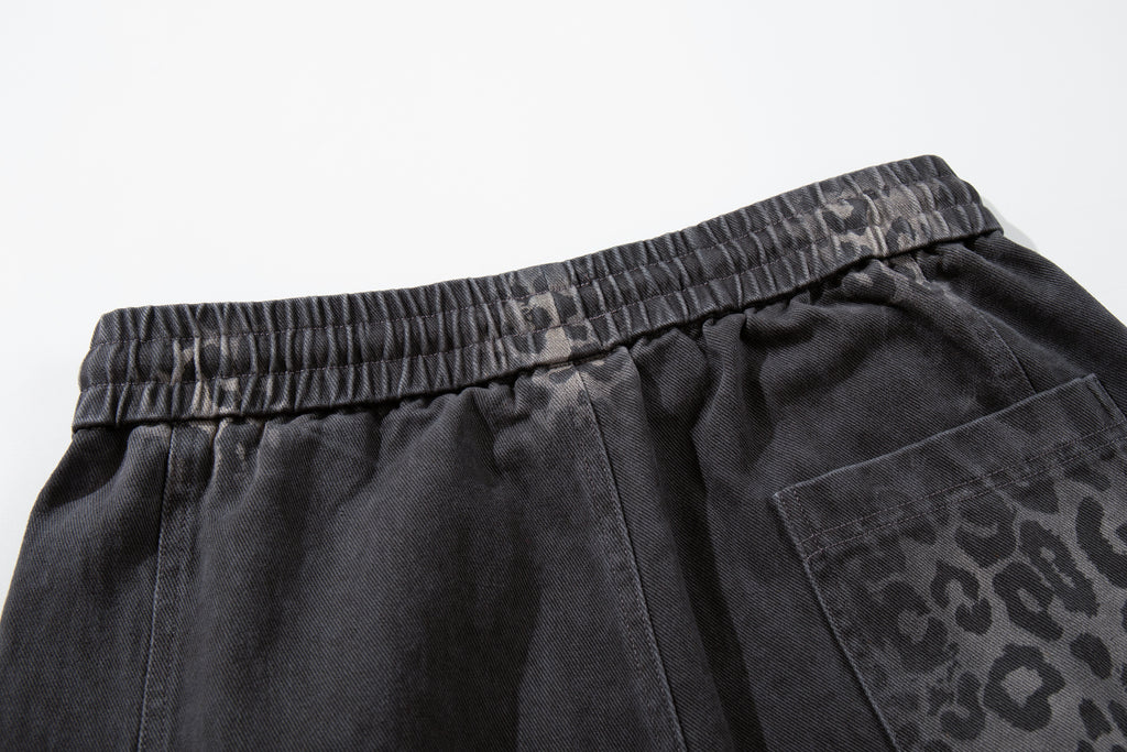 Unisex Trendy Streetwear Leopard-Print Gradient Distressed Curved-Leg Jeans