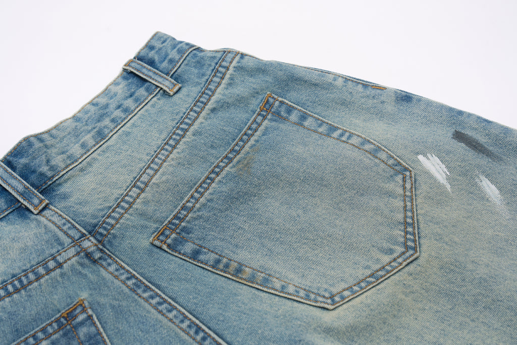 DONOTLOGO Street Art Revival Collection | Unisex Relaxed Fit Denim Shorts | Bold Paint Splatter Seaming & Faded Wash Finish with Classic Cotton Denim Fabric