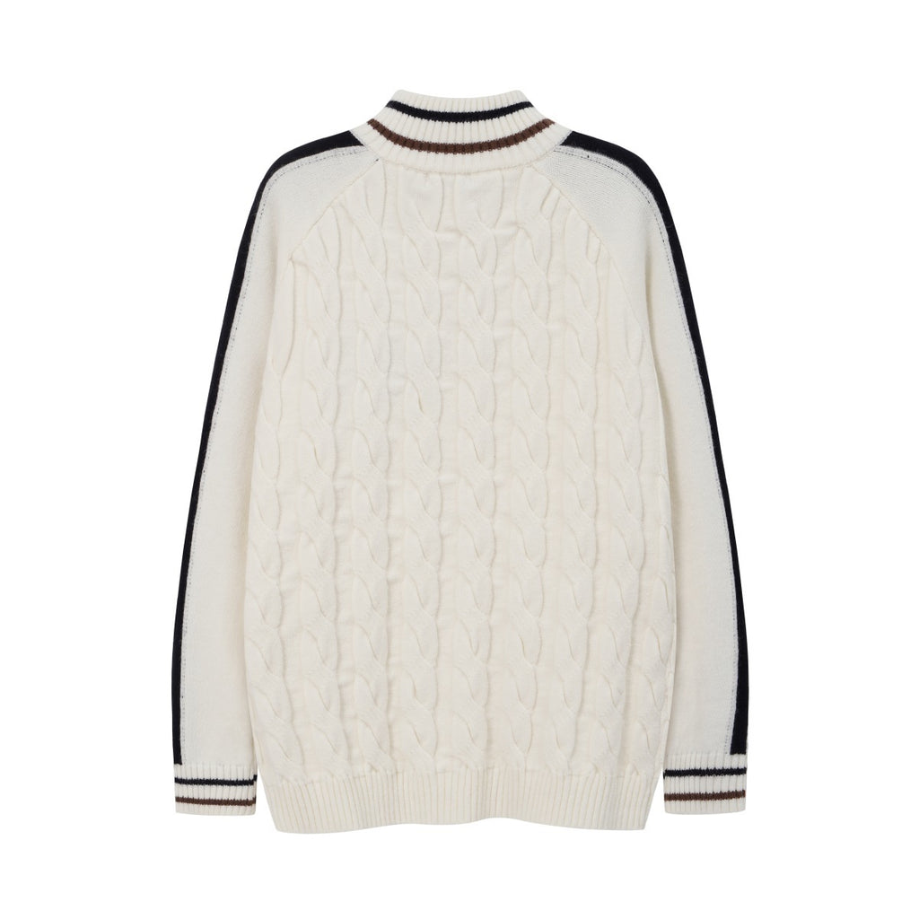 Unisex College-Style Half-Zip Cable Knit Sweater with Color-Block Lines and Stand Collar