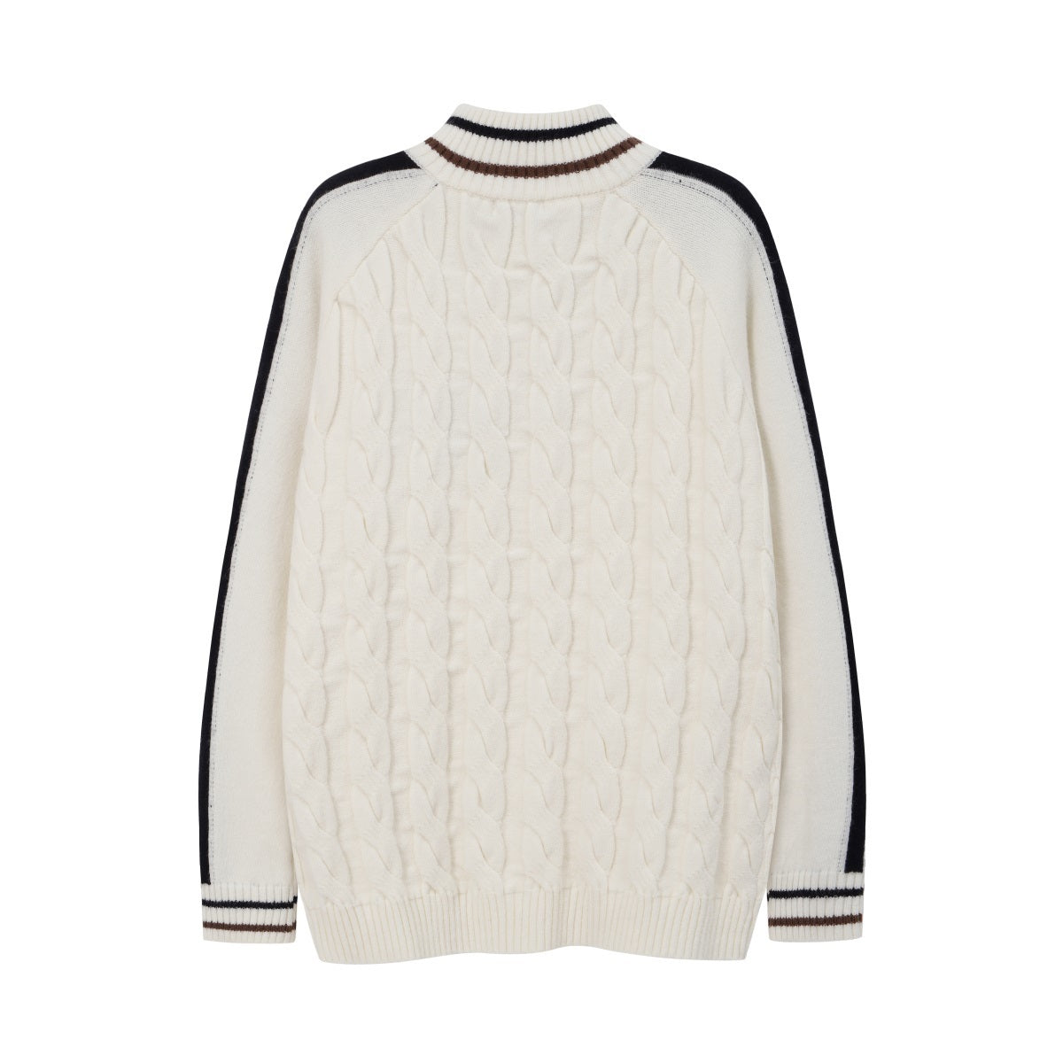 Unisex College-Style Half-Zip Cable Knit Sweater with Color-Block Lines and Stand Collar