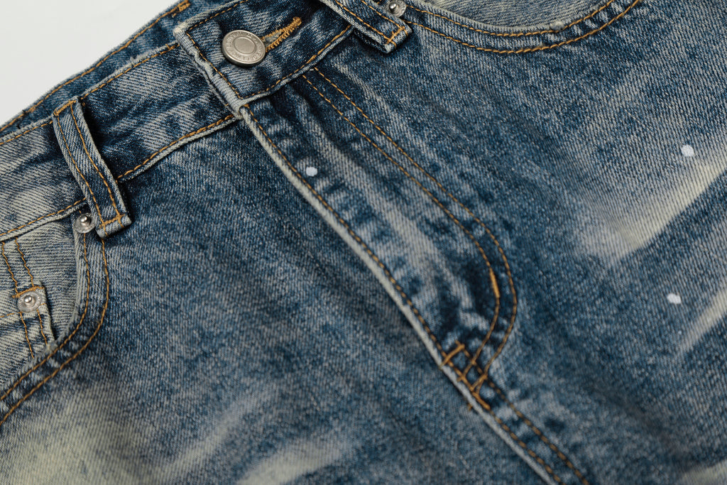 DONOTLOGO Urban Heritage Collection | Unisex Oversized Washed Denim | Retro Aesthetic High-Rise Wide-Leg Bottoms with Authentic Cat Whisker & Splatter Detail