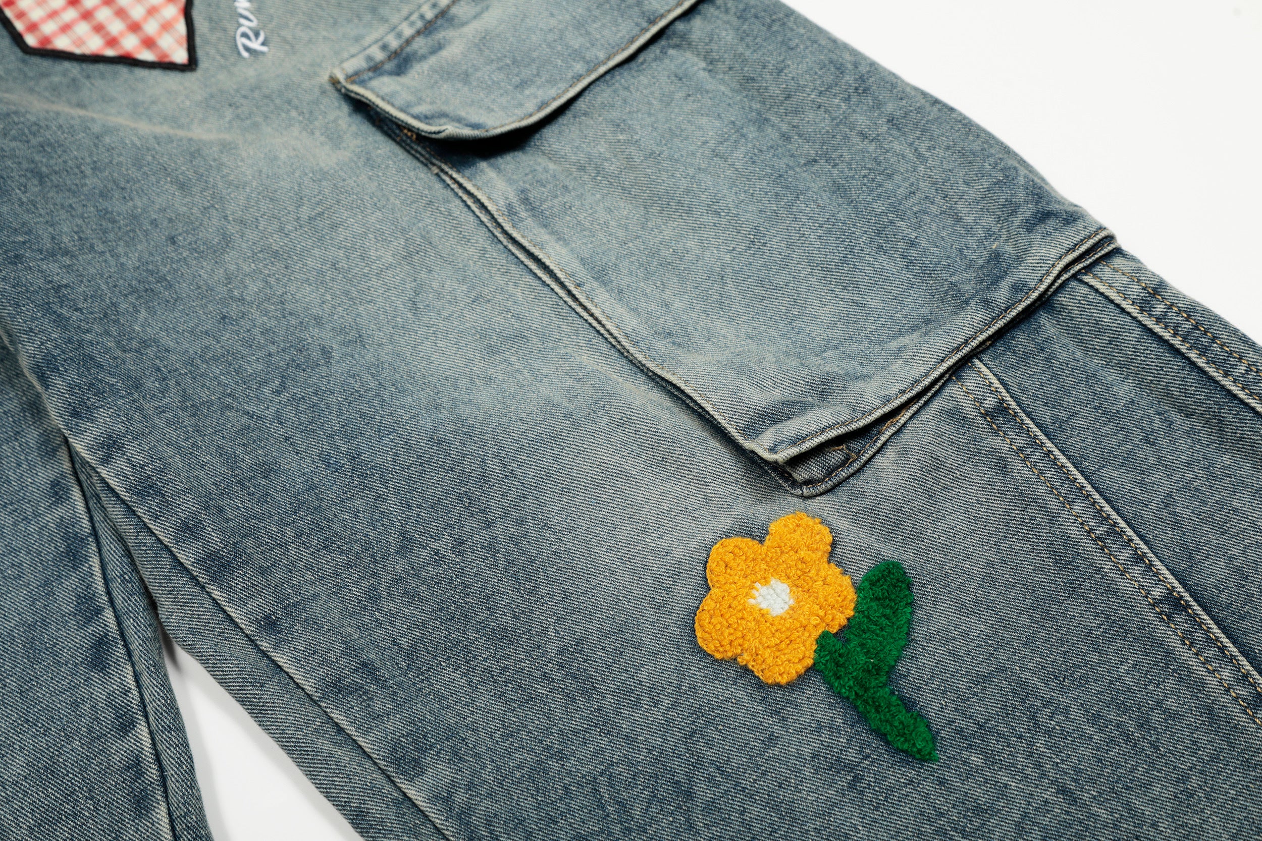 DONOTLOGO Urban Streetwear Collection | Unisex Relaxed Silhouette Cargo Jeans | Bold Plaid Tie & Fruit Motif & Soft Denim Fabric