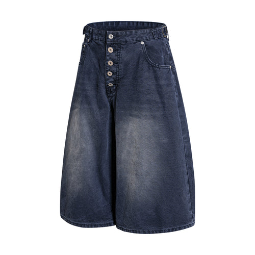 DONOTLOGO Deconstructed Button-Fly Denim Culottes | Unisex Oversized Wide-Leg Shorts | Y2K Vintage Wash High Street Bottoms
