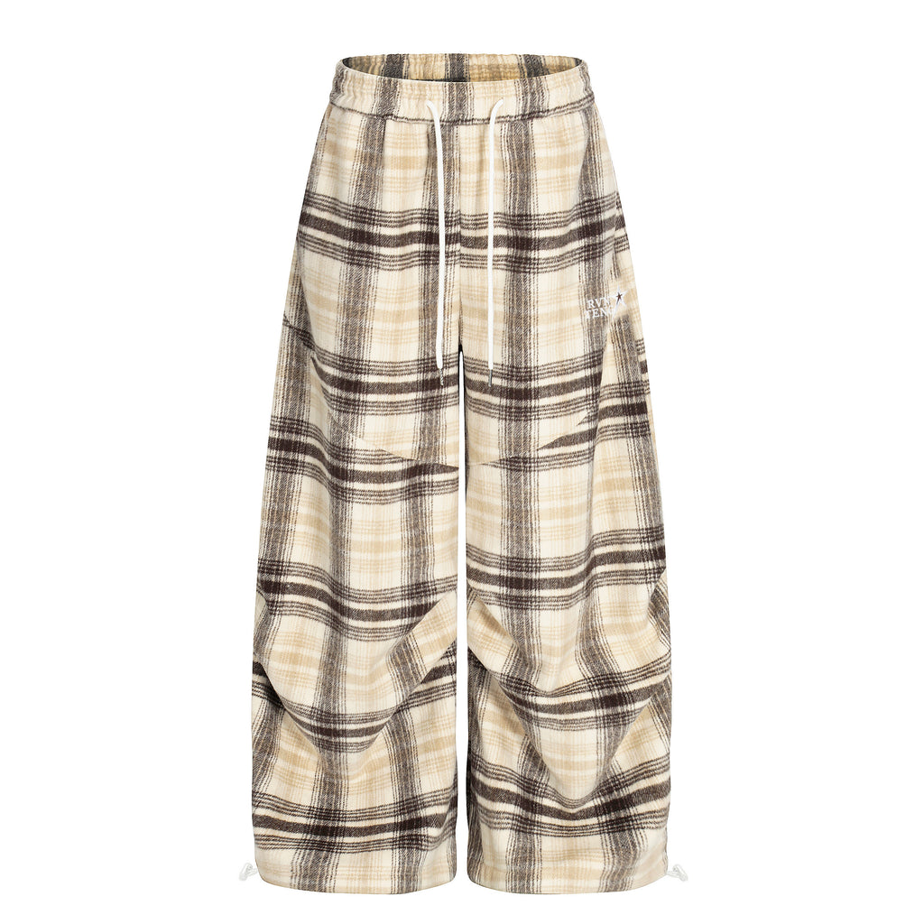 DONOTLOGO Unisex Vintage Plaid Wide-Leg Pants | Curved Fit, Drawstring Waist | Embroidered Detail | Casual Streetwear Must-Have