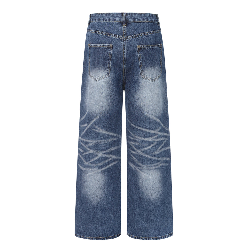 DONOTLOGO Retro Blue Baggy Denim Pants | Unisex Y2K Wide Leg Trousers with Natural Whiskering & Fade | High Street Relaxed Fit Bottoms