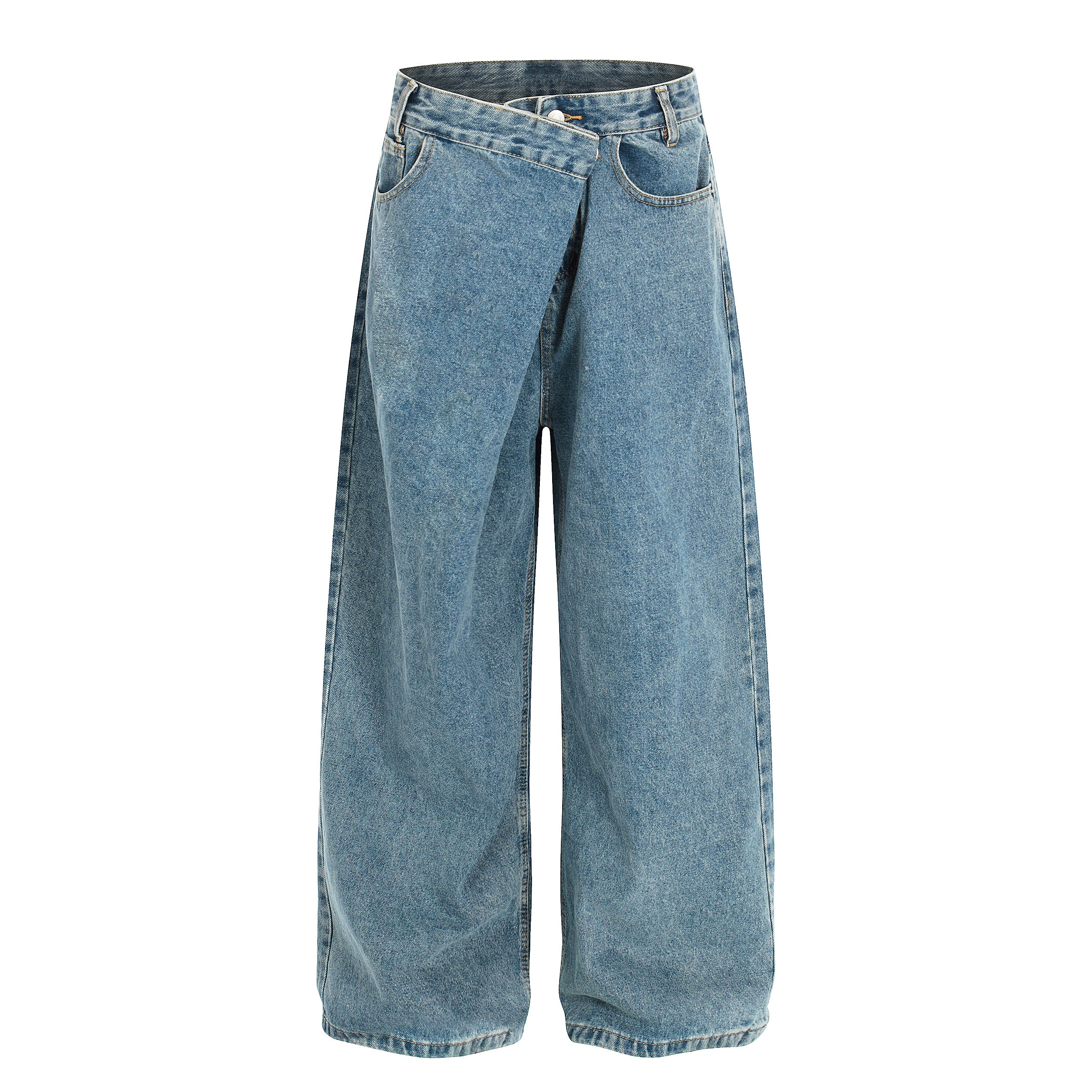 DONOTLOGO Urban Heritage Collection | Unisex Oversized Deconstructed Denim | Retro Aesthetic High-Rise Wide-Leg Bottoms with Authentic Diagonal Button & Folded Waist Detail
