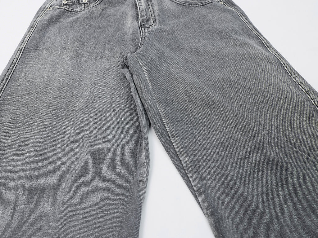 DONOTLOGO Oversized Grey Wash Denim Jeans - Unisex Baggy Trousers with Asymmetrical Seam Design - Edgy Streetwear Bottom with Wide Leg Silhouette & Raw Hem