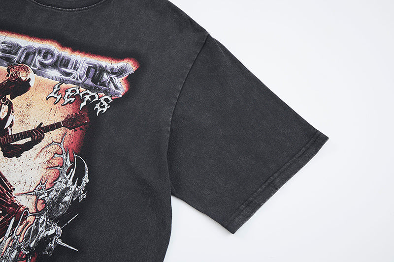 DONOTLOGO Deconstructed "Cyberpunk Let's Rock" Graphic Tee - Unisex Vintage Washed Streetwear T-Shirt - Edgy Oversized Top with Retro Punk Aesthetic