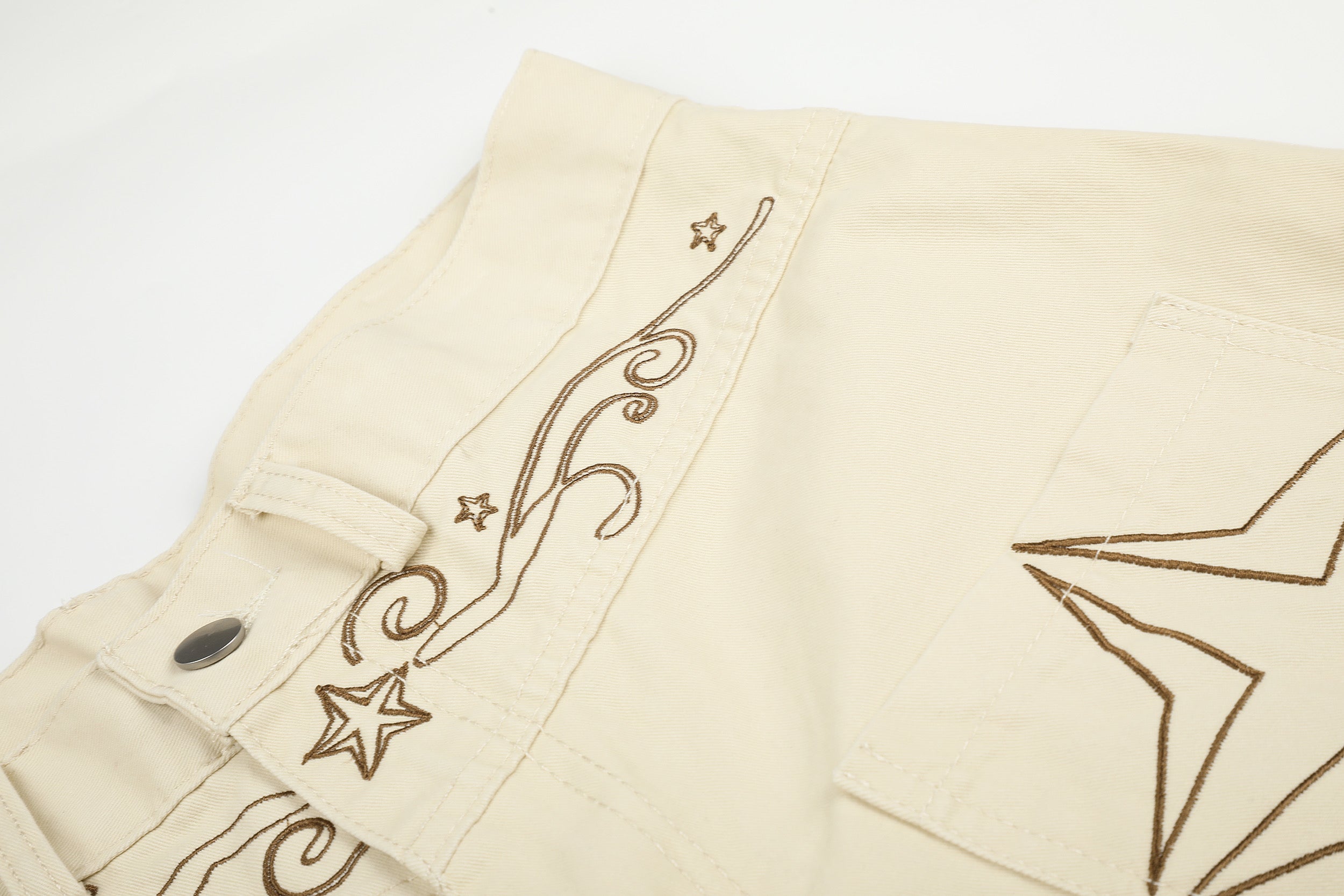 DONOTLOGO Rodeo Dream Collection | Unisex Relaxed Fit Denim-Style Cropped Pants | Bold Star & Scroll Embroidery Detail with High-Rise Waistband