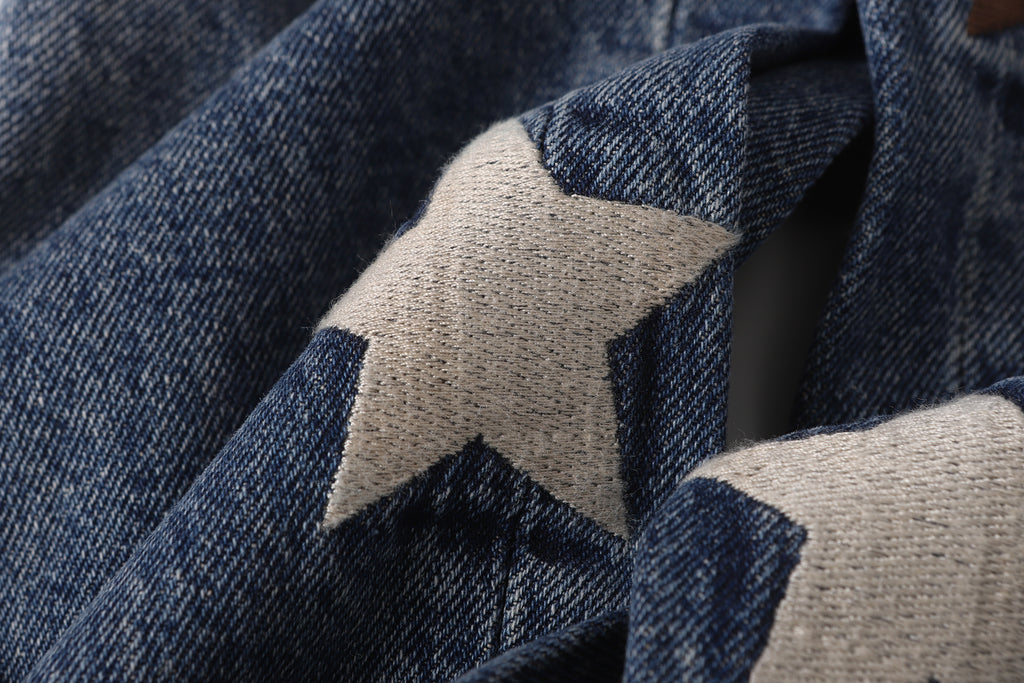 DONOTLOGO Urban Streetwear Collection | Unisex Curved Silhouette Denim Trousers | Bold Star Motif & Vintage Fade Detail with Premium Cotton Blend