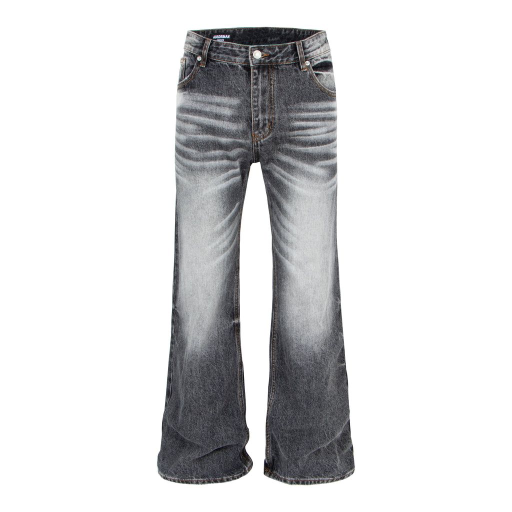 Vintage Washed Whiskered Black & Gray Distressed Flared Jeans