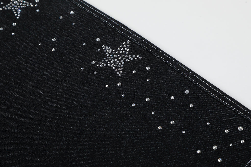 Unisex Street Style Rhinestone Distressed Washed Denim Jeans