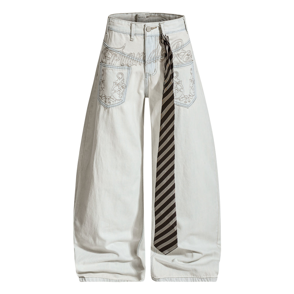 Unisex Embroidered Design with Tie Denim Jeans