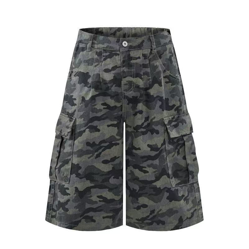 DONOTLOGO Heavy Distressed Camo Cargo Pants | Unisex Y2K Oversized 3/4 Length Trousers | Vintage Military High Street Baggy Shorts