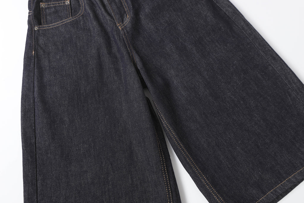 DONOTLOGO Retro Black Raw Denim Shorts | Unisex Y2K Wide Leg Trousers with Minimalist Design | High Street Relaxed Fit Bottoms