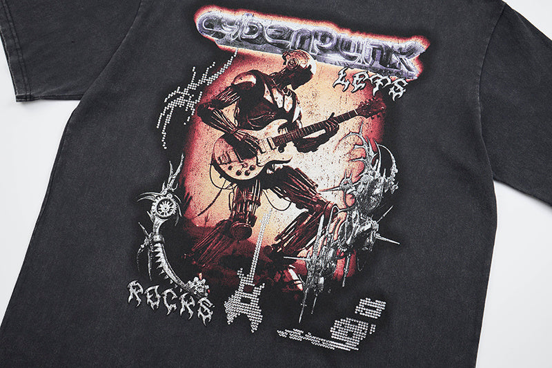 DONOTLOGO Deconstructed "Cyberpunk Let's Rock" Graphic Tee - Unisex Vintage Washed Streetwear T-Shirt - Edgy Oversized Top with Retro Punk Aesthetic