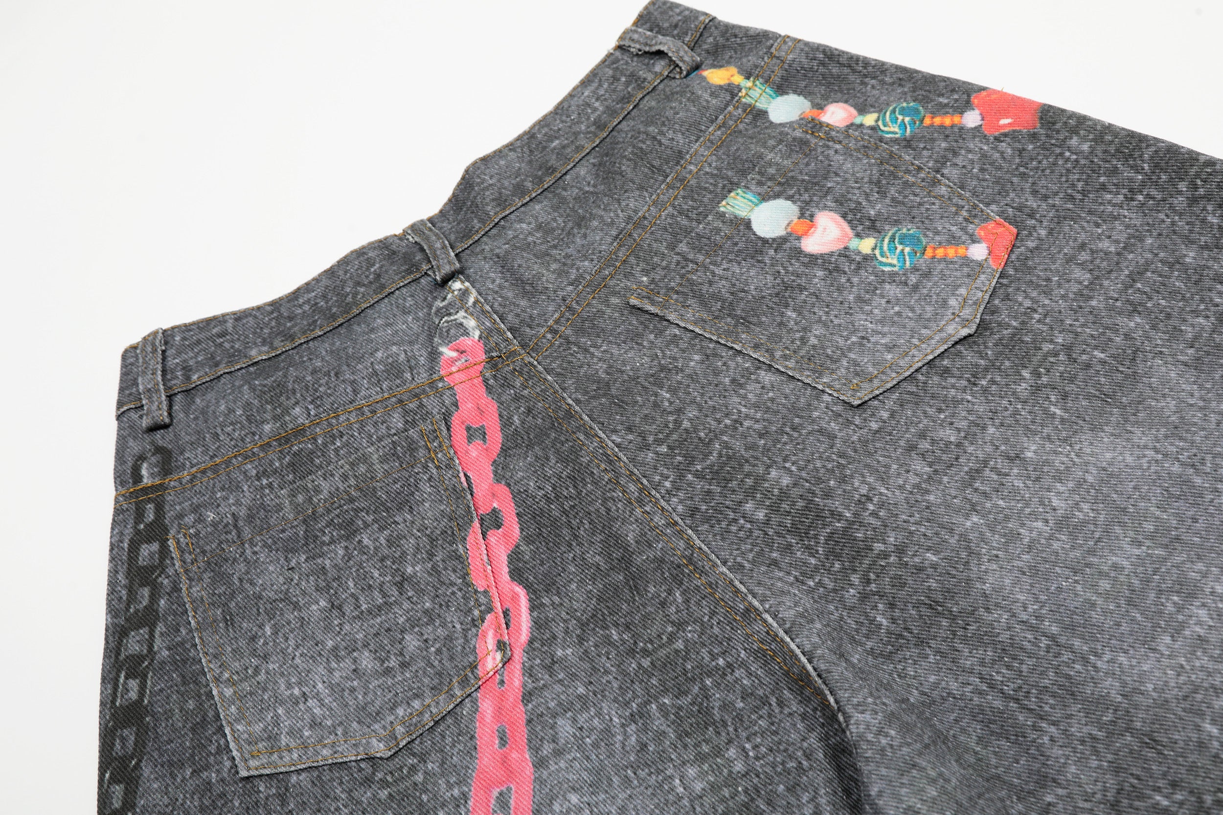 Unisex Vintage Chain Print Denim Jeans