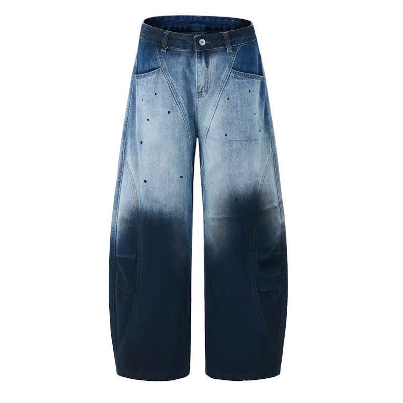 DONOTLOGO "Ombre Fade" Distressed Denim - Curved Seam Baggy Jeans with Splatter Detail - Vintage Washed Wide Leg Trousers