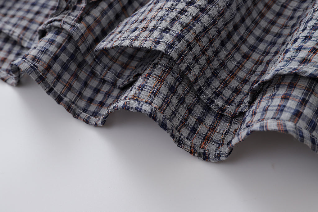 Unisex Loose Street Seersucker Plaid Ruffle Tee