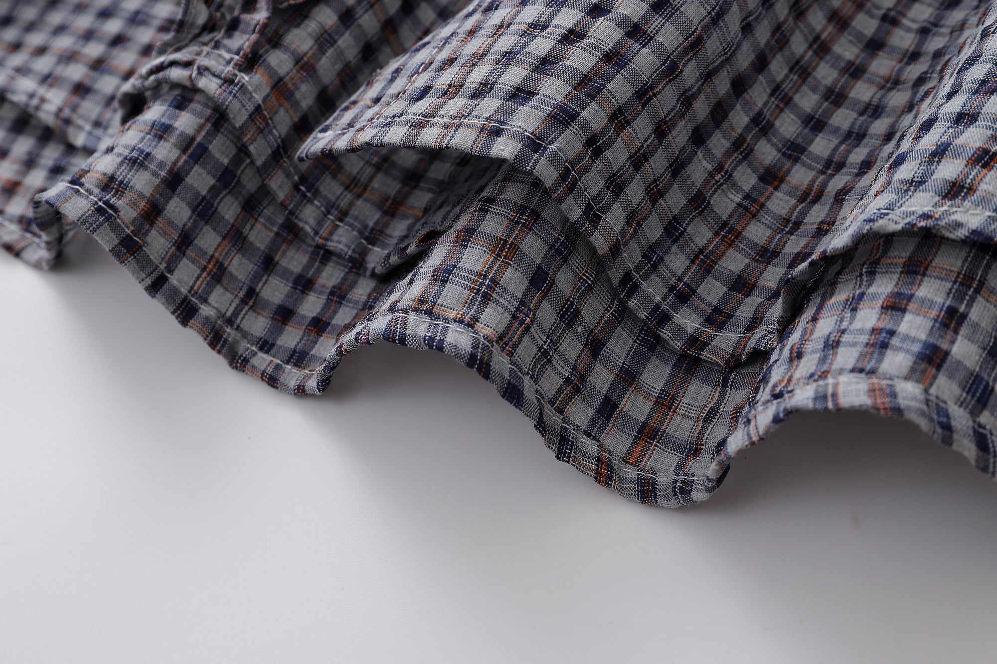 Unisex Loose Street Seersucker Plaid Ruffle Tee