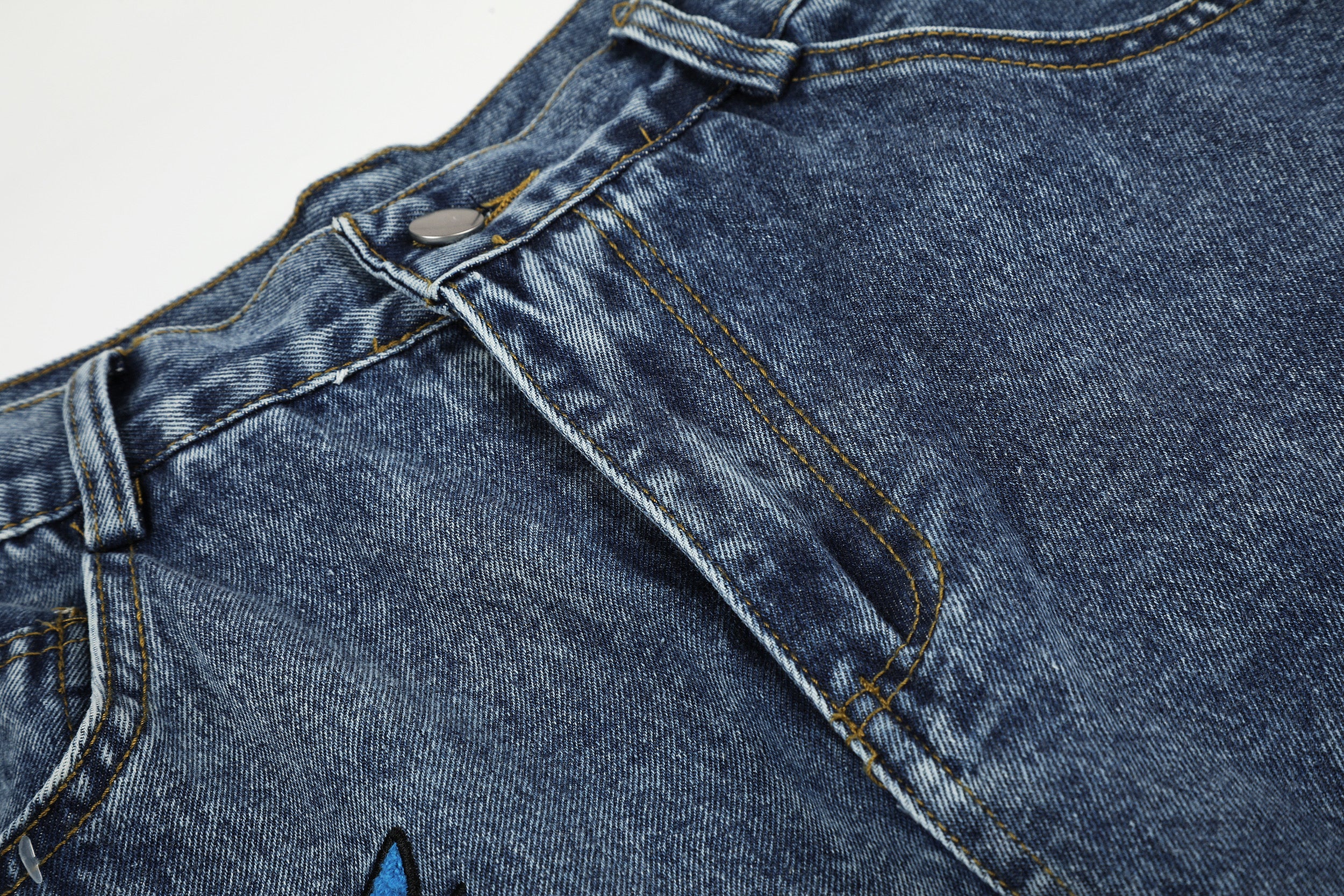 DONOTLOGO Urban Feline Art Collection | Unisex Relaxed Fit Denim Cropped Pants | Playful Multi-Color Cat & Text Embroidery Detail with Vintage Wash Finish