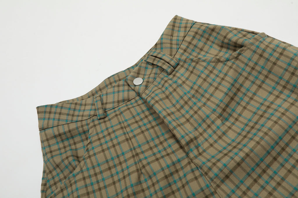 Unisex Green Plaid Patchwork Cargo Pants with Large Pockets