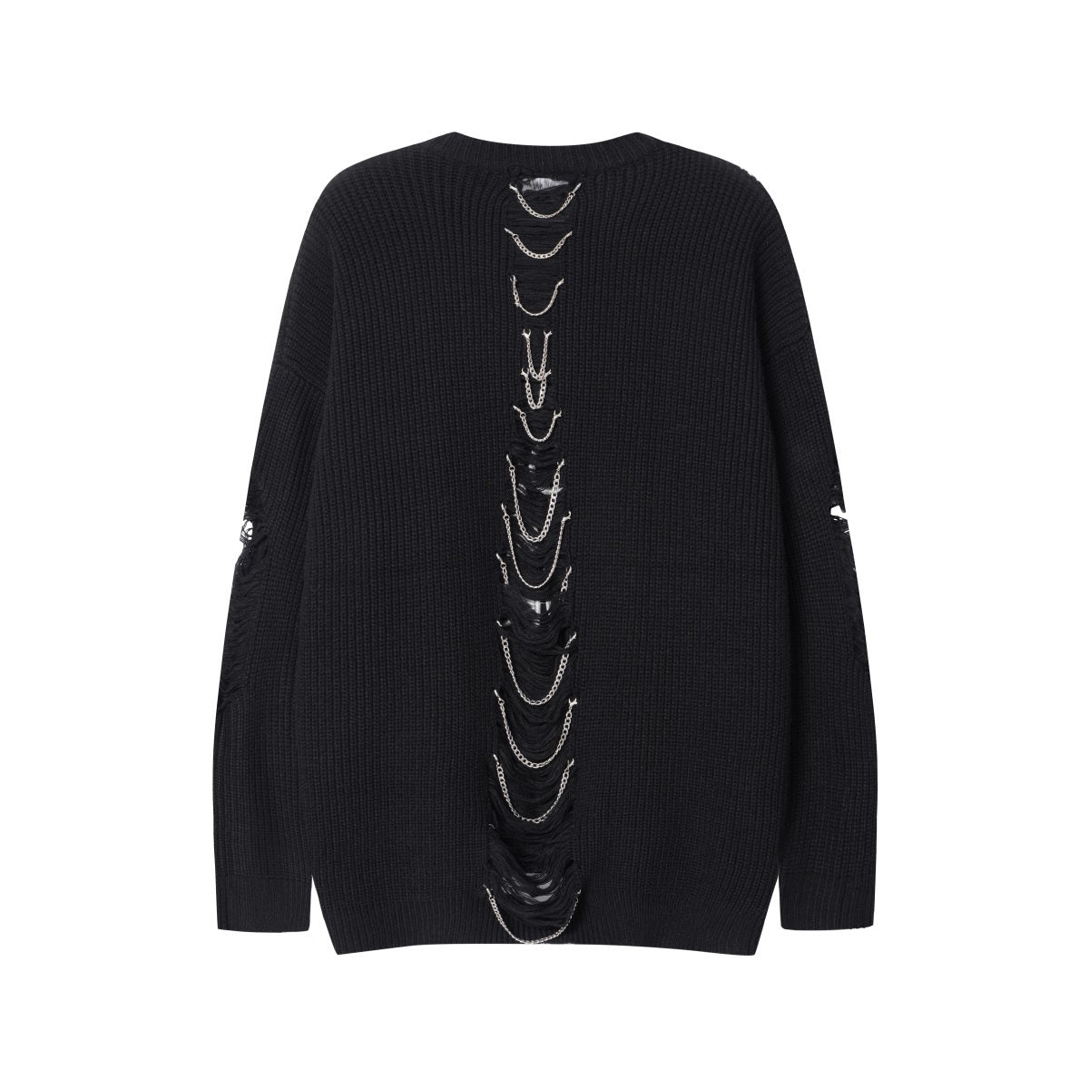 Unisex Knit Sweater with Distressed Letter Embroidery and Chain Details