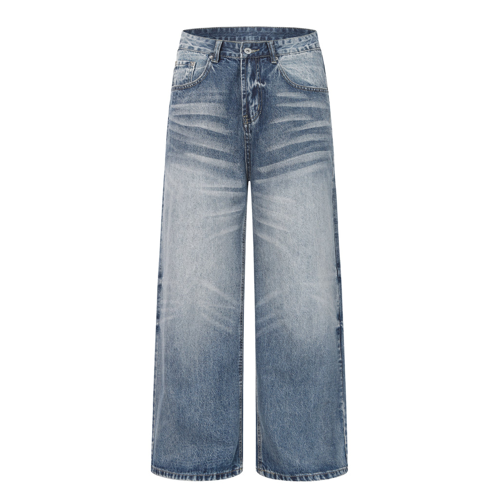 DONOTLOGO Retro Blue Baggy Denim Pants | Unisex Y2K Wide Leg Trousers with Natural Whiskering & Fade | High Street Relaxed Fit Bottoms